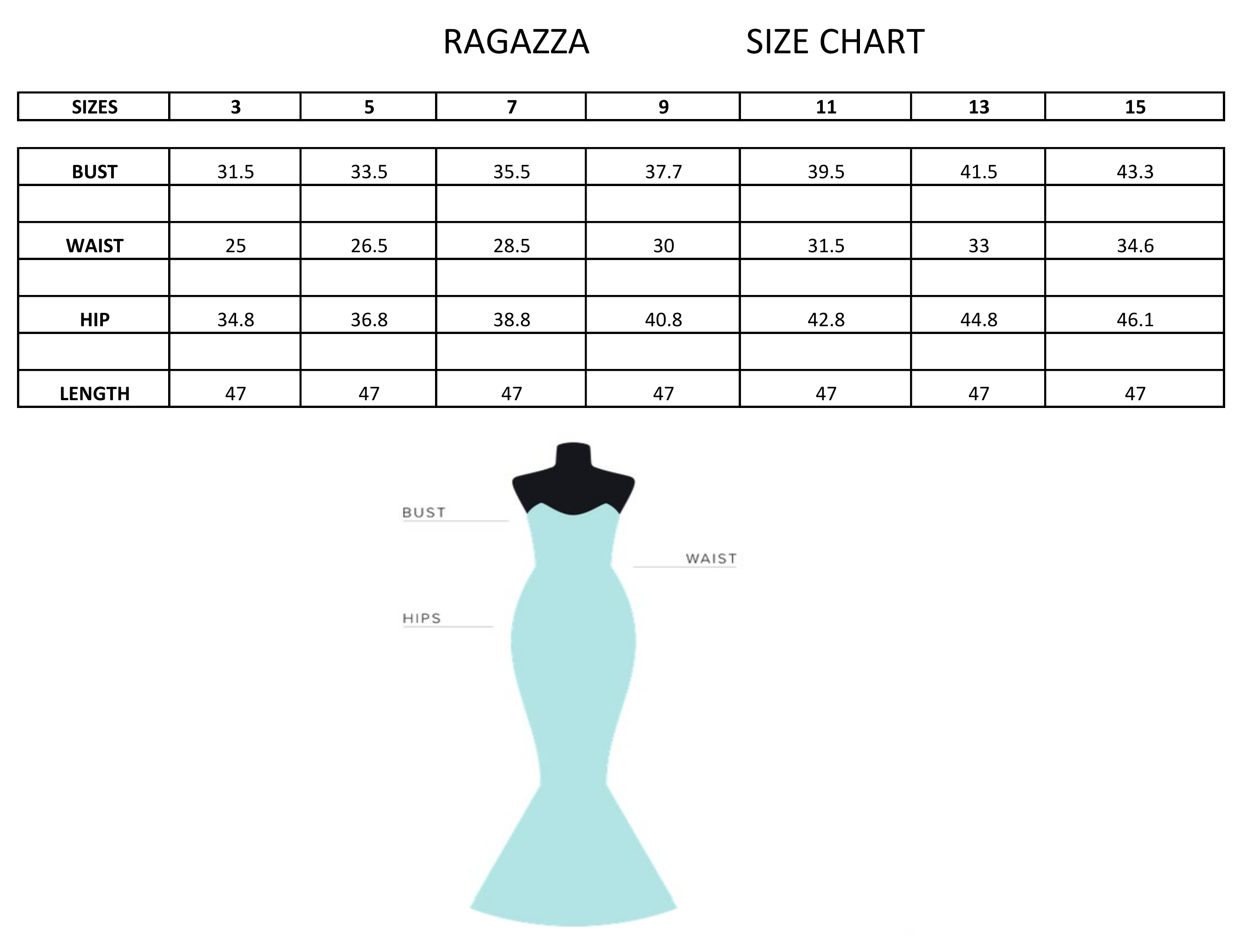 Ragazza Size Chart